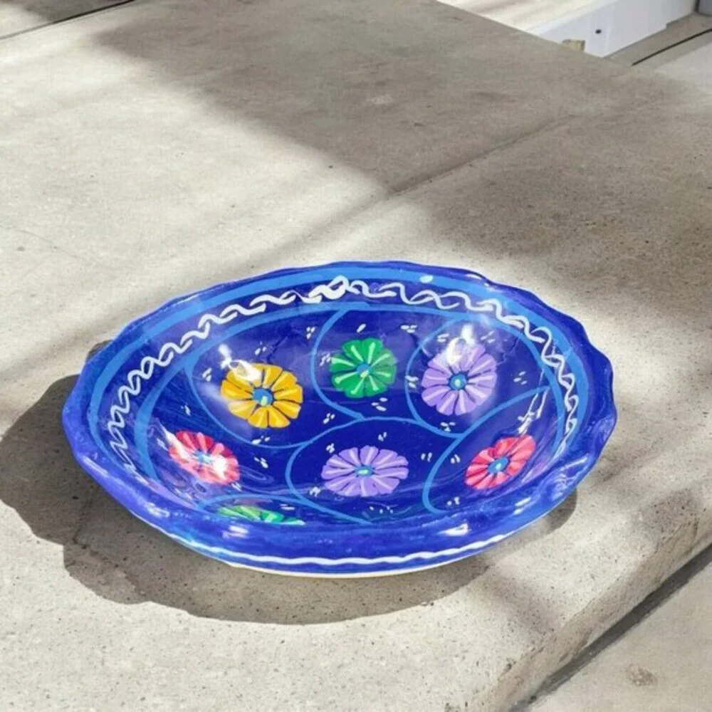 Vintage Hand Made Mexico Folk Art Pottery‎ Footed Bowl Dish Multicolor Blue Dish